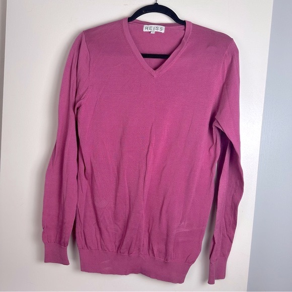 Reiss Pink V-Neck Soft 100% Cotton Ribbed Trim Pull On Long Sleeve Sweater S - Picture 1 of 14